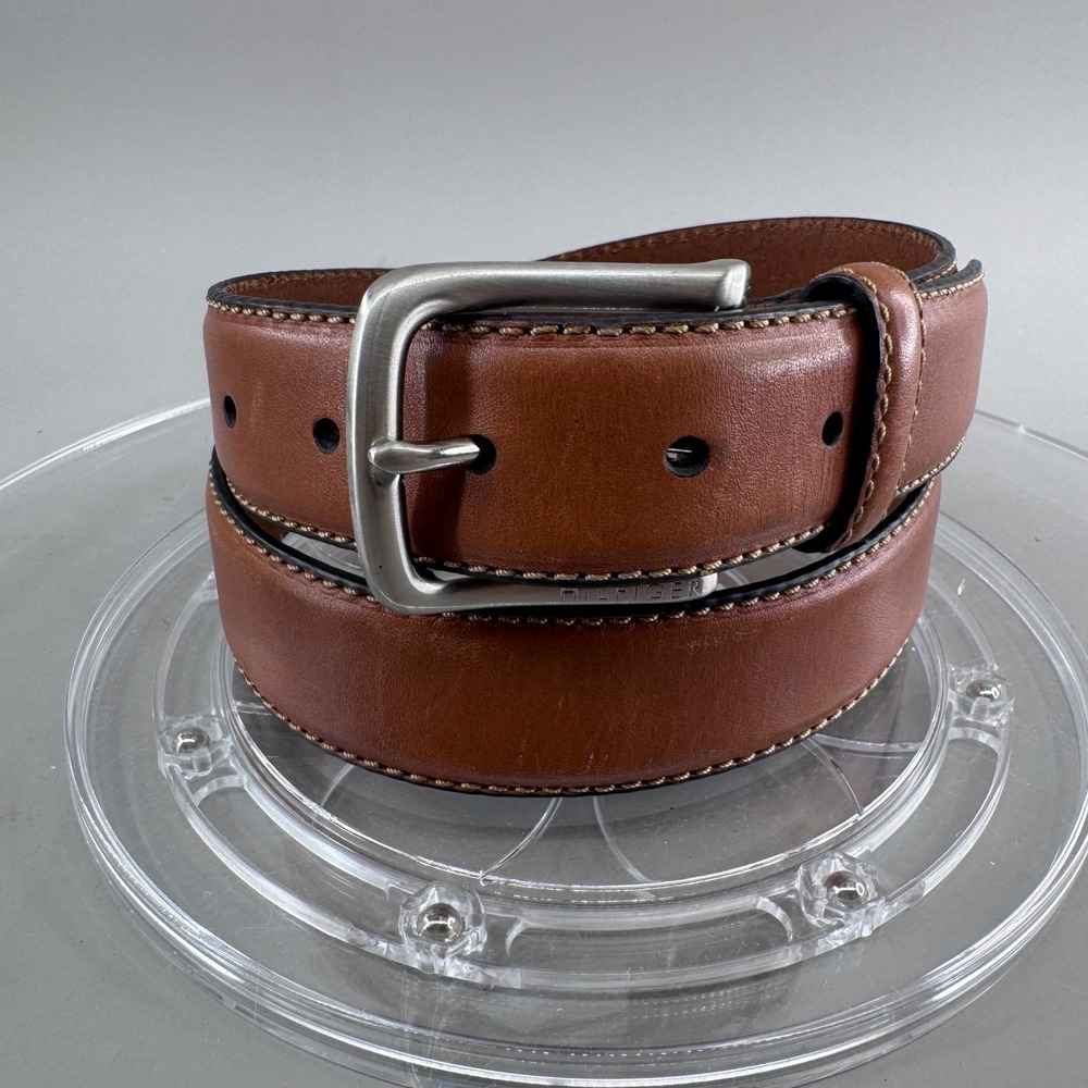 Tommy Hilfiger Mens Brown Genuine Leather Belt Silver Buckle Size 34/85